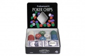 Набор для покера 100 фишек с номиналом + 2 колоды карт в жестяной коробке