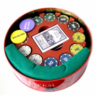 Набор для покера: 240 фишек с номиналом в жестяном круглом боксе